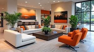 Lobby furnishings (sofas, reception desks, plants)